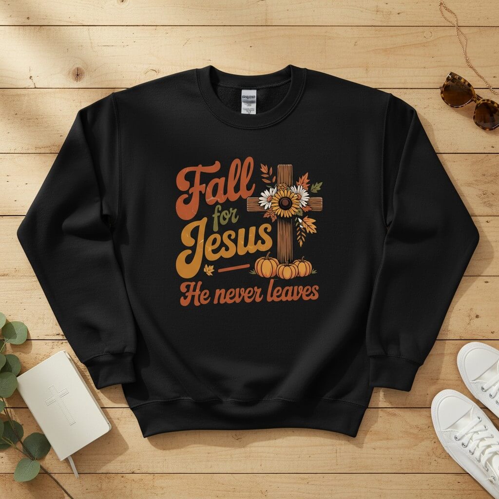 Fall for Jesus — He Never Leaves Crewneck Sweatshirt