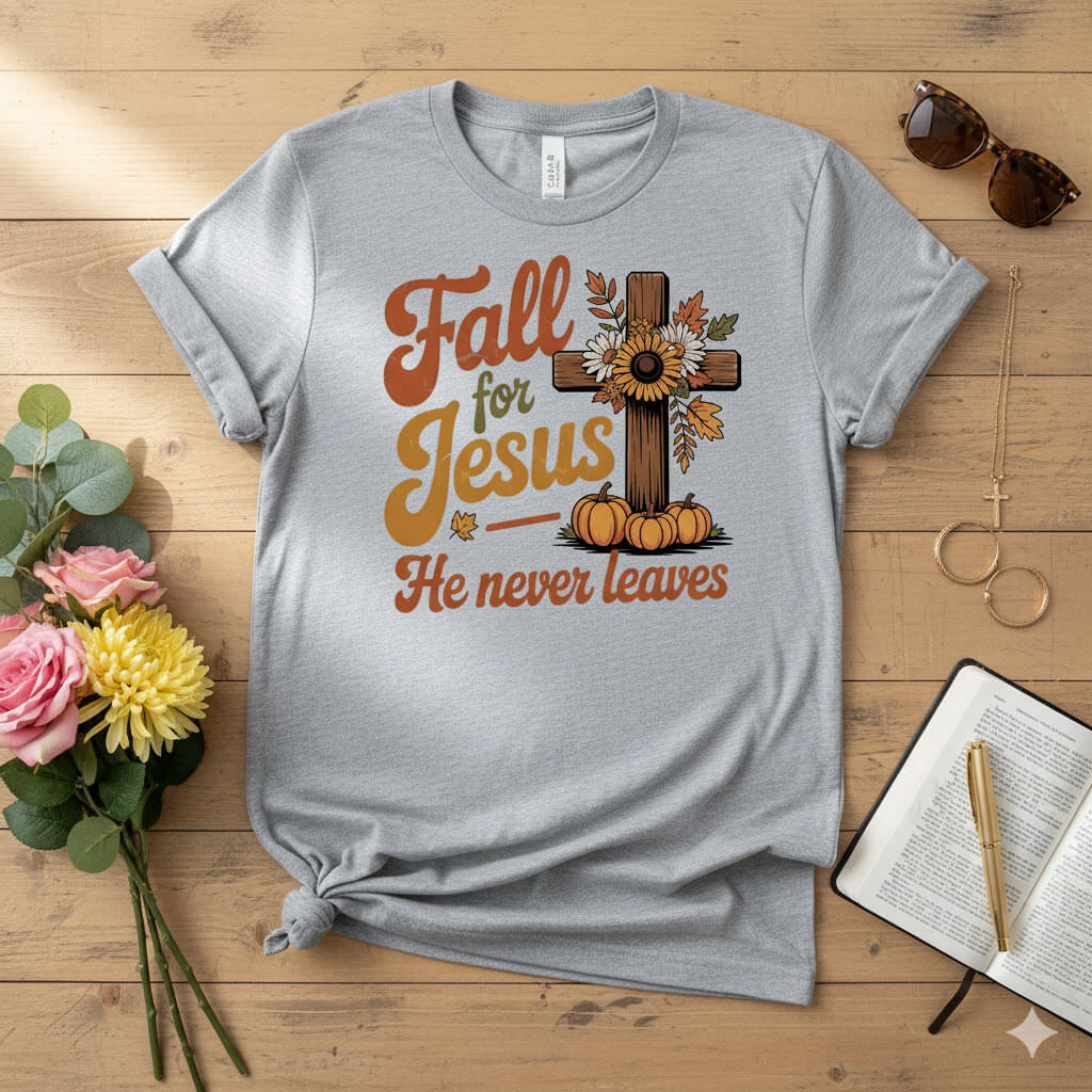 Fall for Jesus — He Never Leaves T-shirt