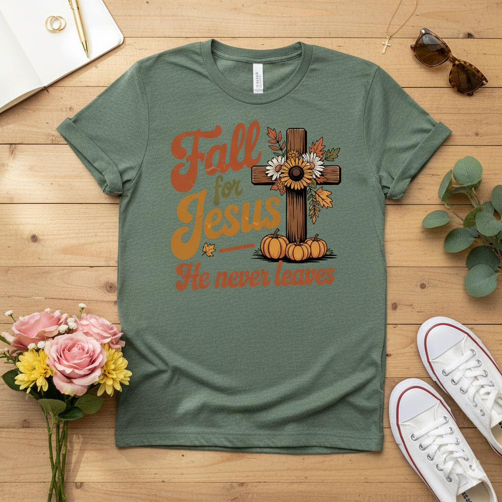 Fall for Jesus — He Never Leaves T-shirt