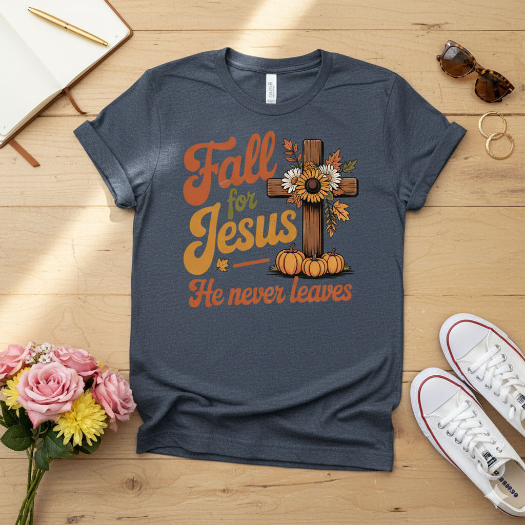 Fall for Jesus — He Never Leaves T-shirt