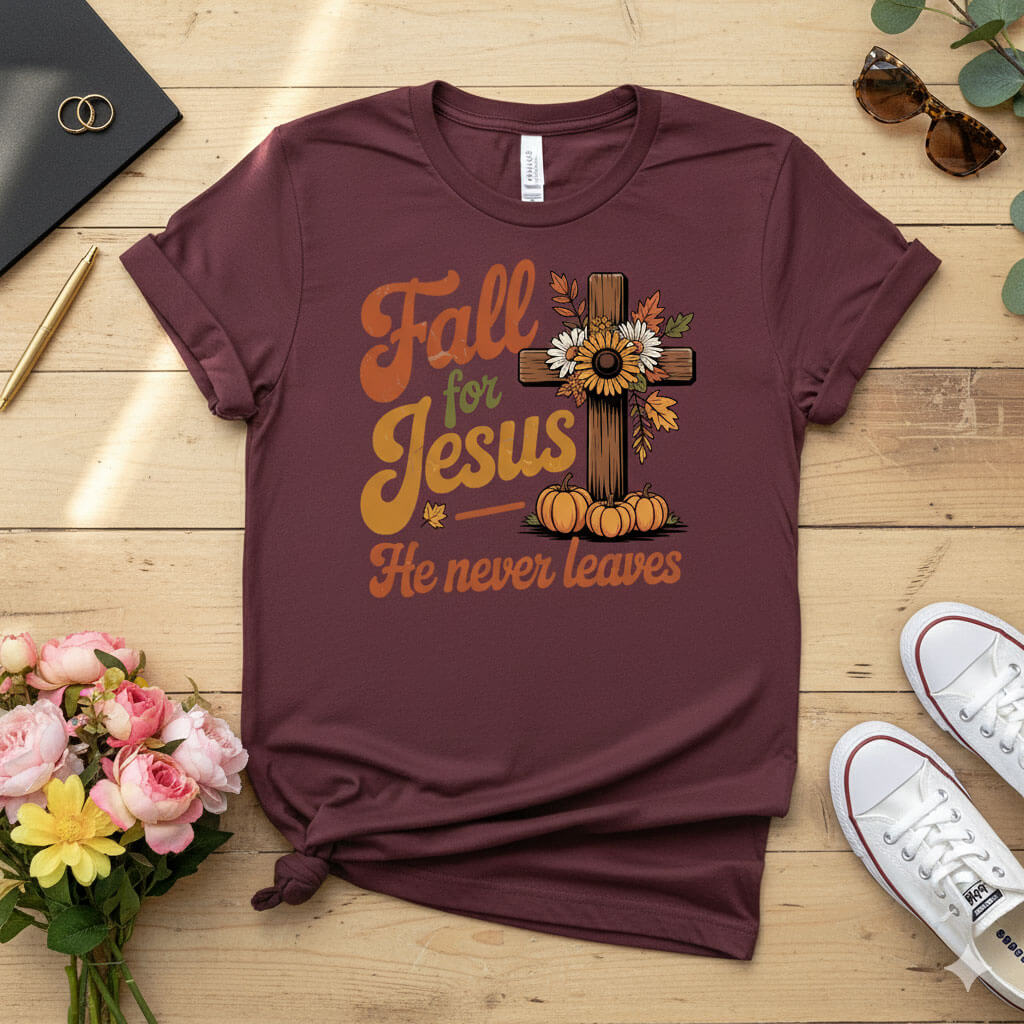 Fall for Jesus — He Never Leaves T-shirt