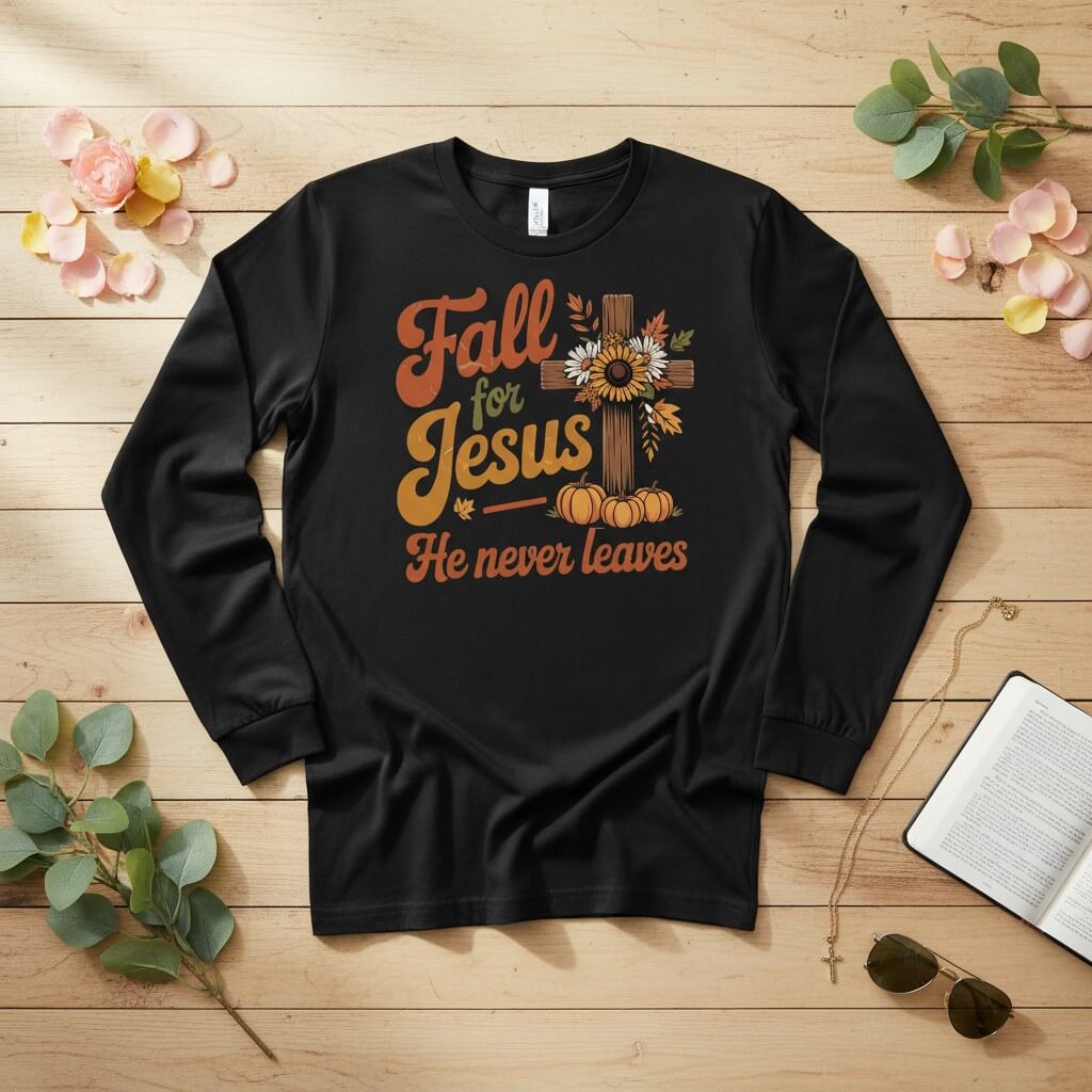 Fall for Jesus — He Never Leaves Long Sleeve Tee