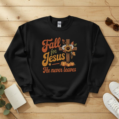 Fall for Jesus — He Never Leaves Crewneck Sweatshirt