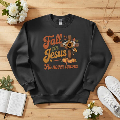 Fall for Jesus — He Never Leaves Crewneck Sweatshirt