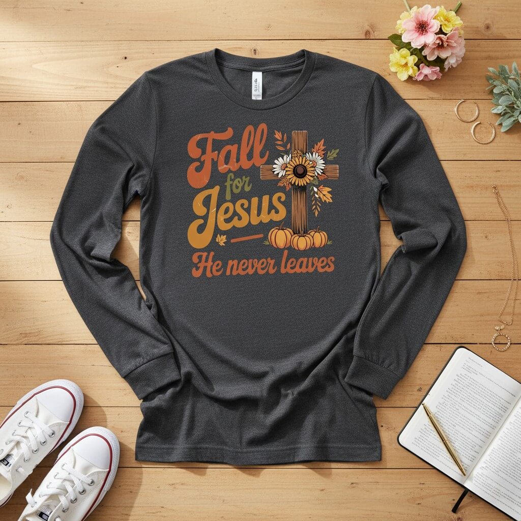 Fall for Jesus — He Never Leaves Long Sleeve Tee