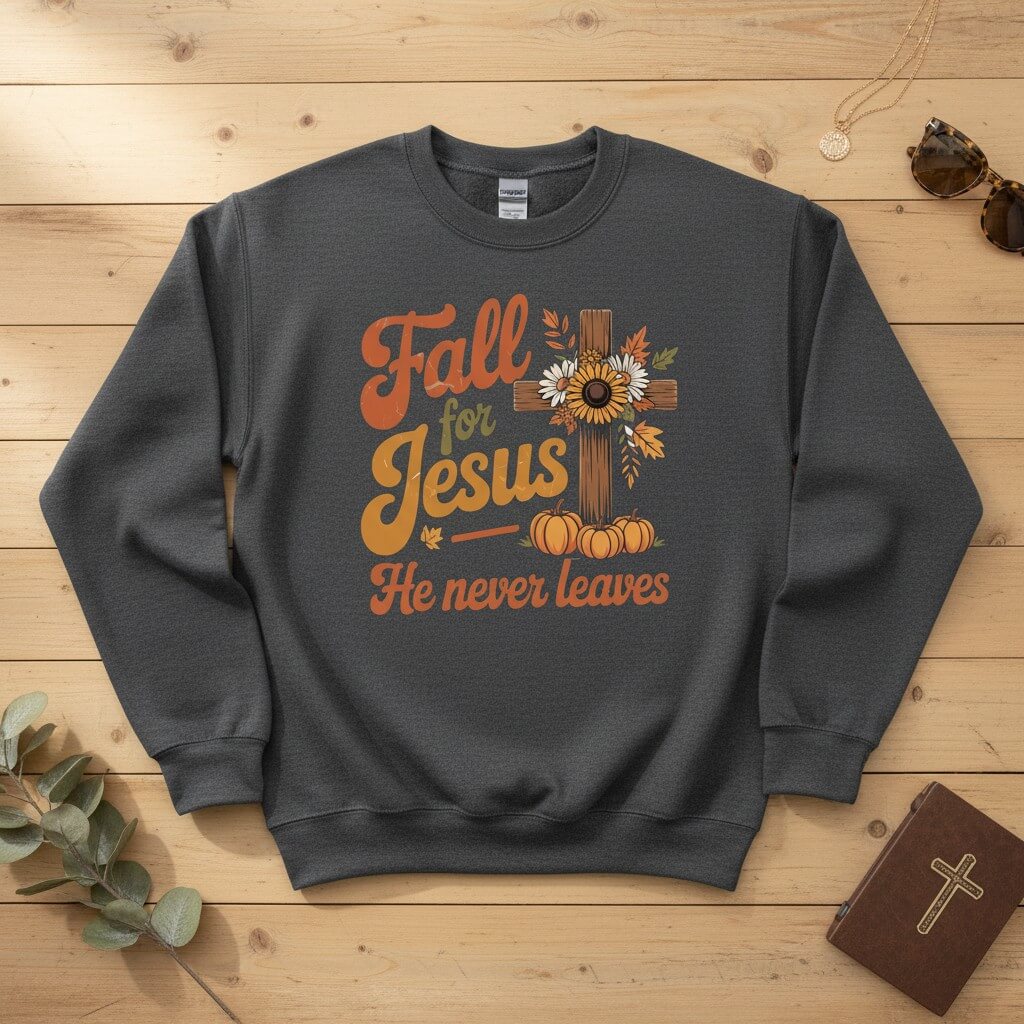 Fall for Jesus — He Never Leaves Crewneck Sweatshirt