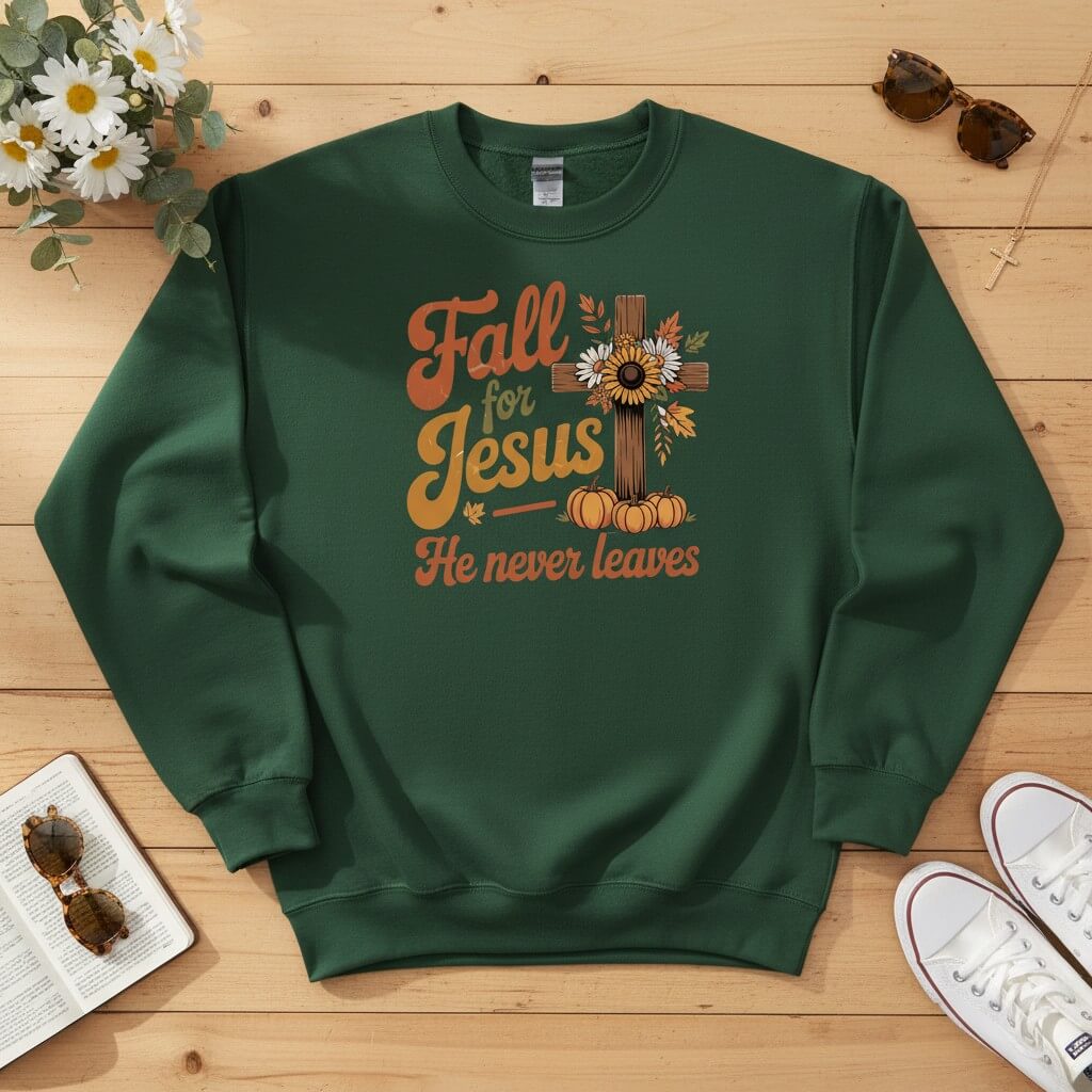 Fall for Jesus — He Never Leaves Crewneck Sweatshirt
