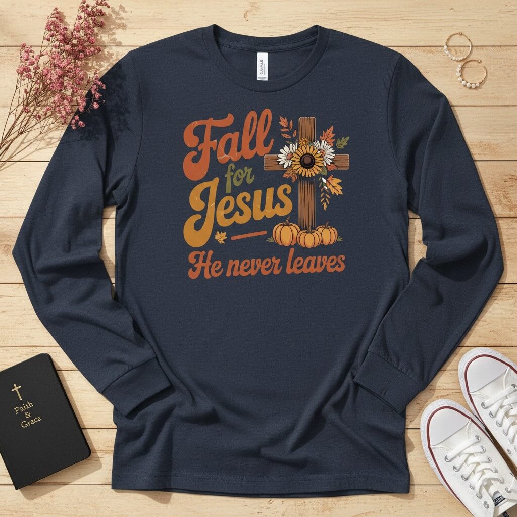 Fall for Jesus — He Never Leaves Long Sleeve Tee