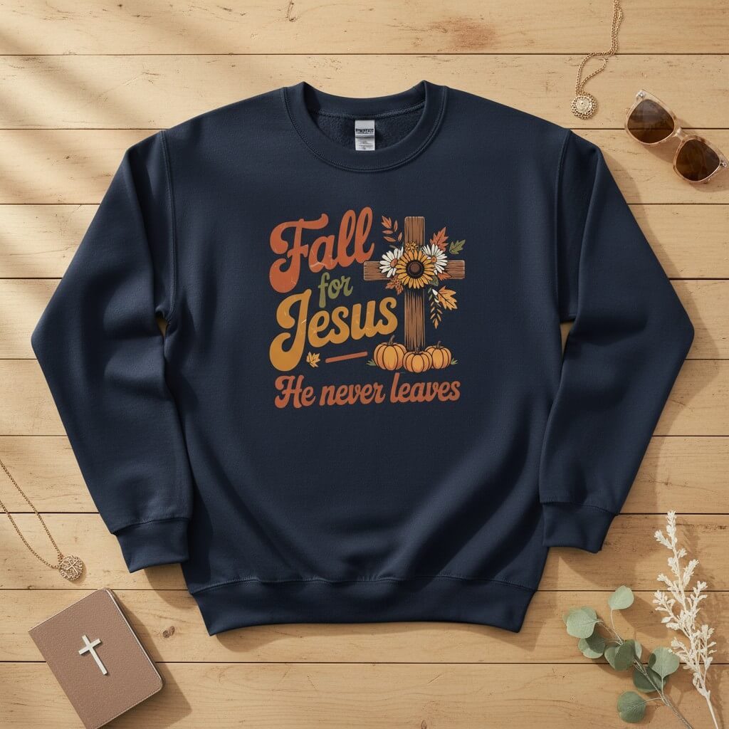 Fall for Jesus — He Never Leaves Crewneck Sweatshirt