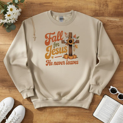 Fall for Jesus — He Never Leaves Crewneck Sweatshirt