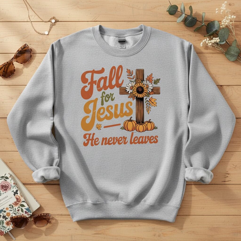 Fall for Jesus — He Never Leaves Crewneck Sweatshirt
