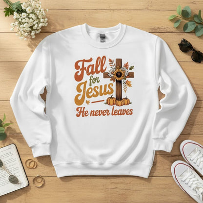 Fall for Jesus — He Never Leaves Crewneck Sweatshirt