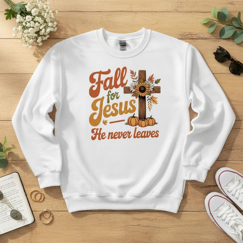 Fall for Jesus — He Never Leaves Crewneck Sweatshirt