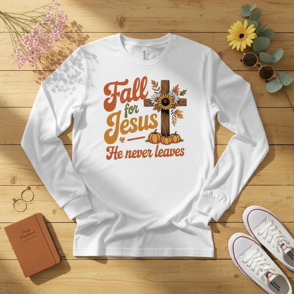 Fall for Jesus — He Never Leaves Long Sleeve Tee